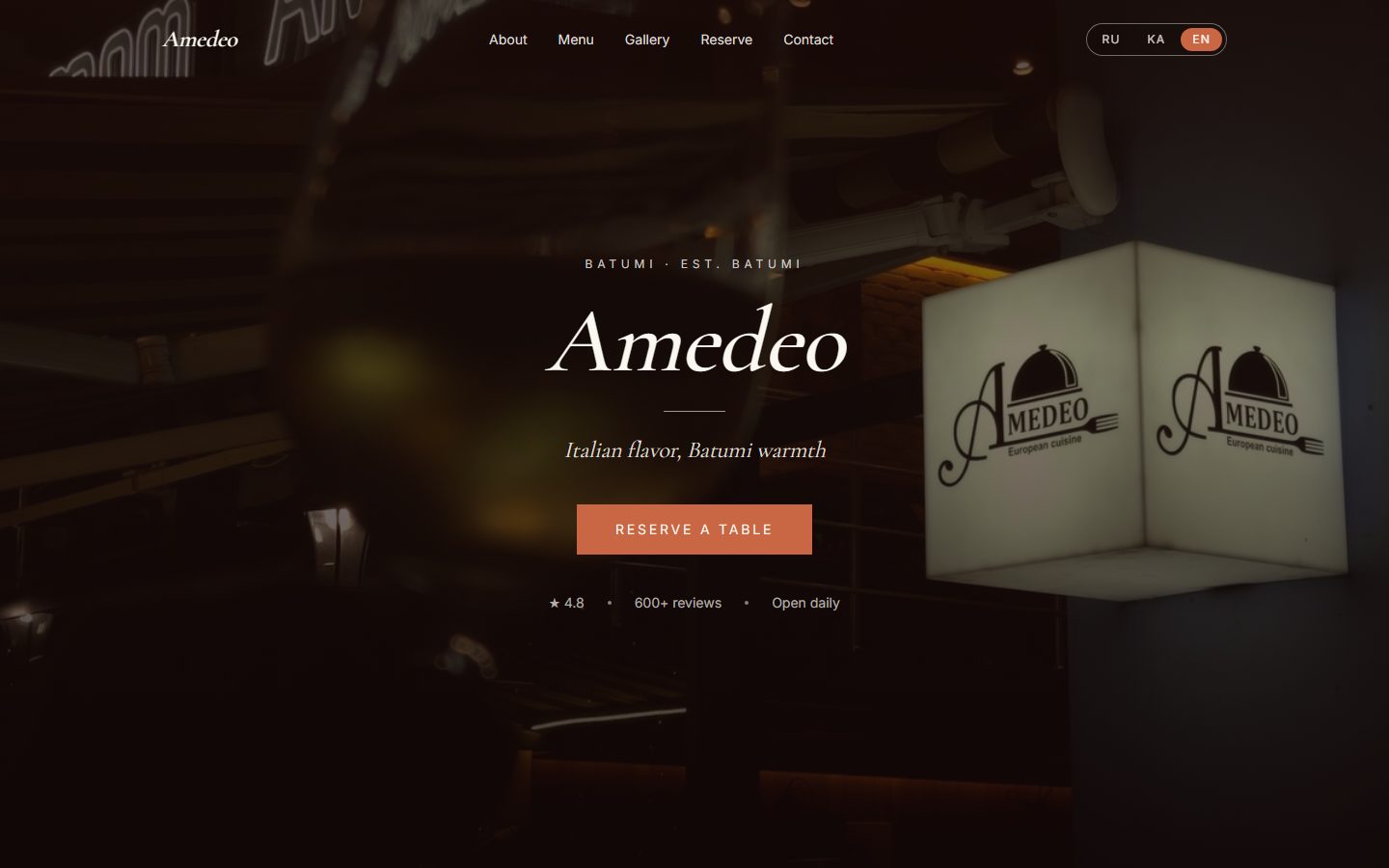 Amedeo restaurant landing page